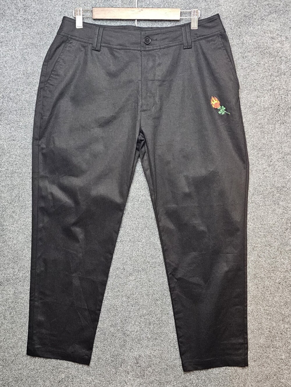 CIVIL REGIME Black Chino Work Pants - Embroidered Flaming Rose Detail